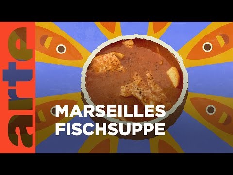 Titelbild Marseilles Fischsuppe, artelogo, gezeichnite orangene Fischa auf lila hintergrund um Suppe